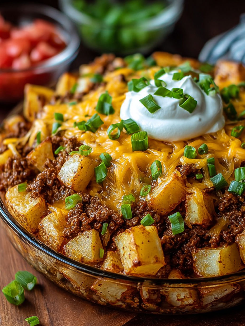 A delicious cheesy taco potatoes bake.