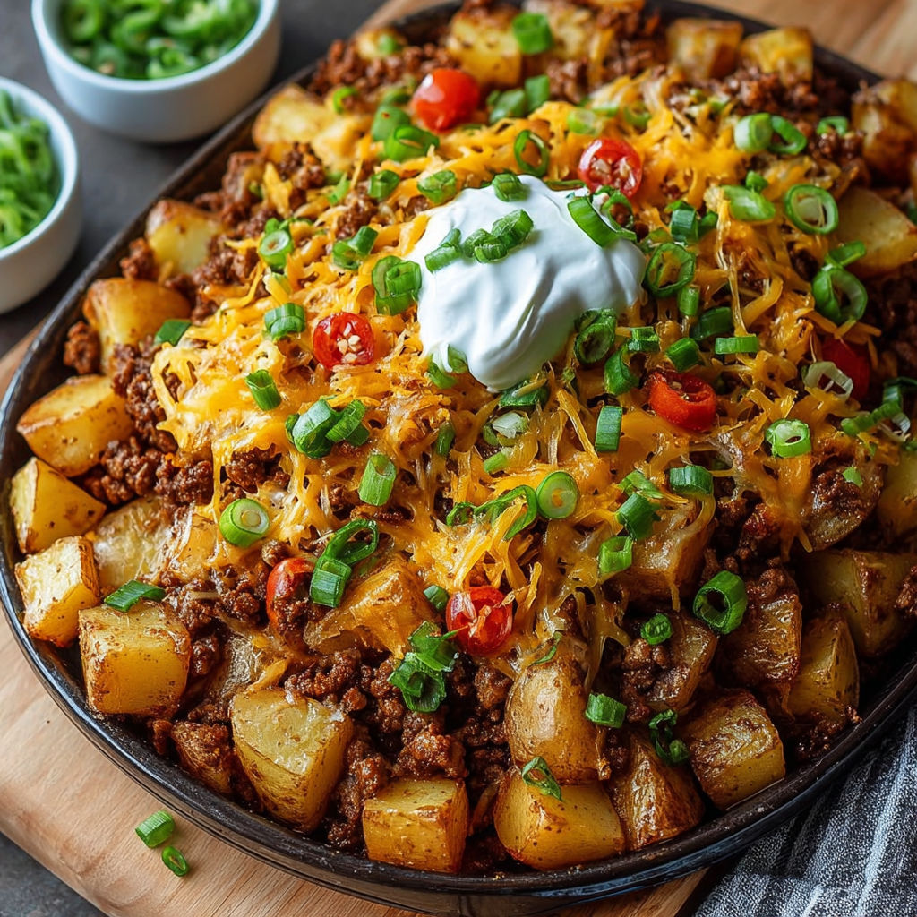 A delicious cheesy taco potatoes bake.