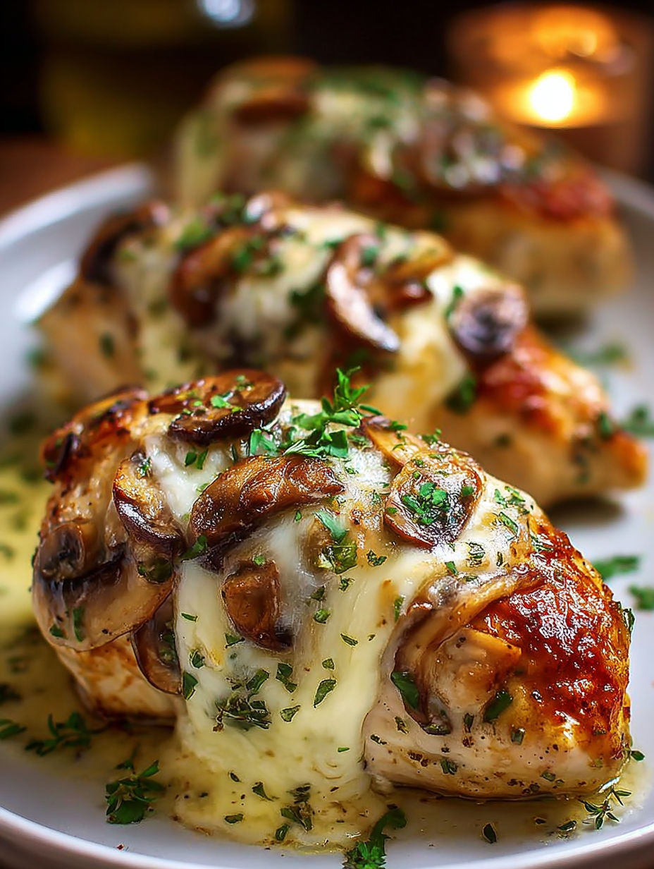 A plate of garlic butter mushroom stuffed chicken.