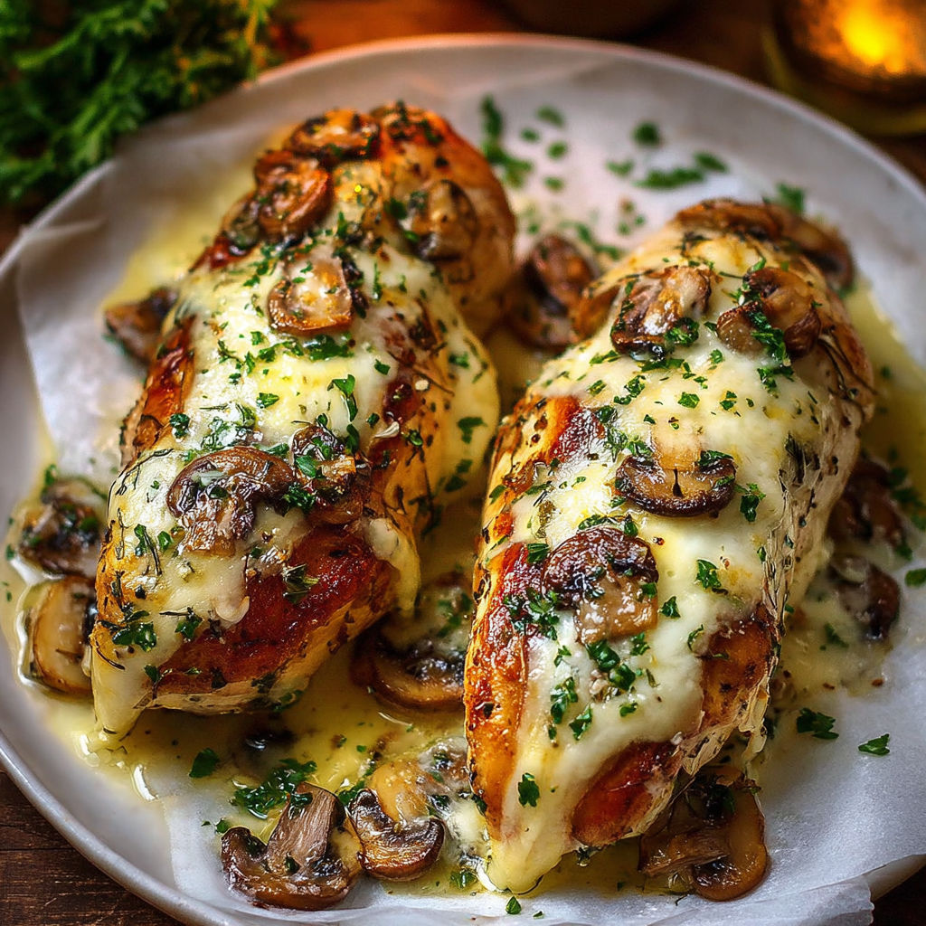 Two pieces of chicken with mushrooms and garlic butter.