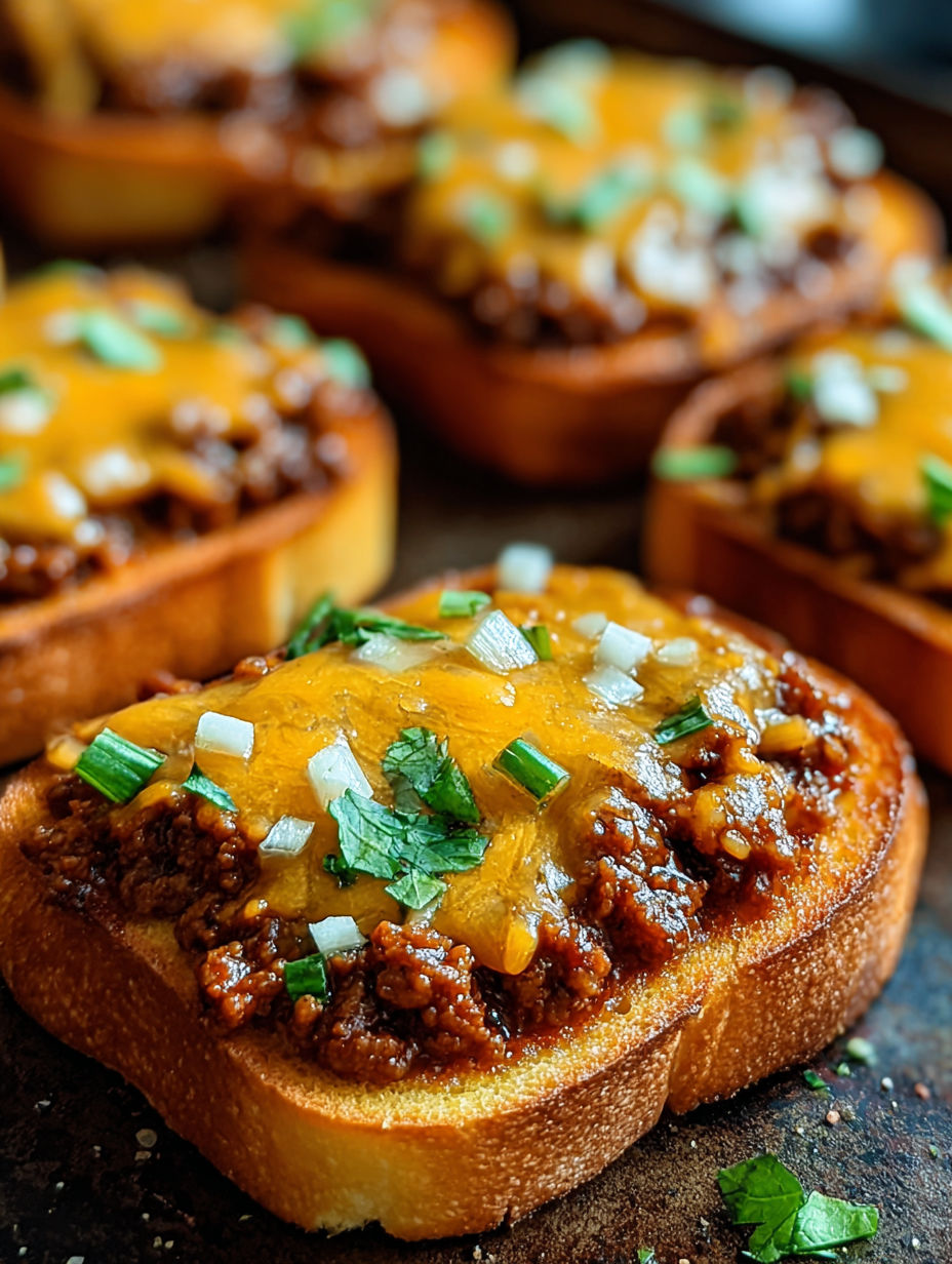 A close up of a cheesy sloppy joe toast.