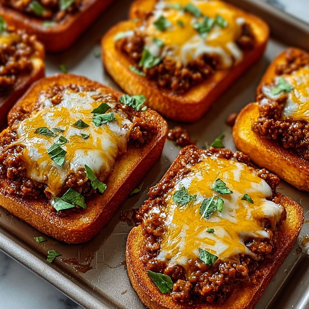 A tray of cheesy sloppy joe toast.