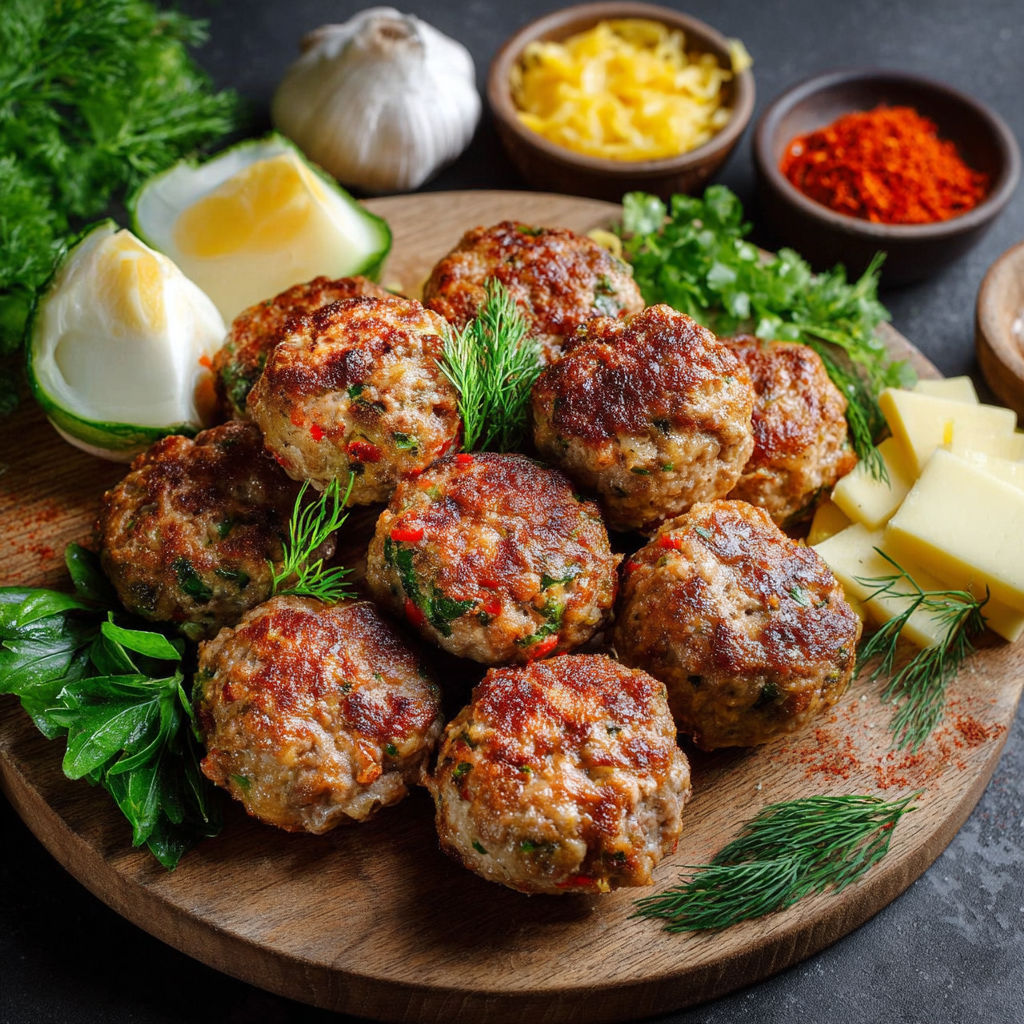 A plate of meatballs with cheese and vegetables.