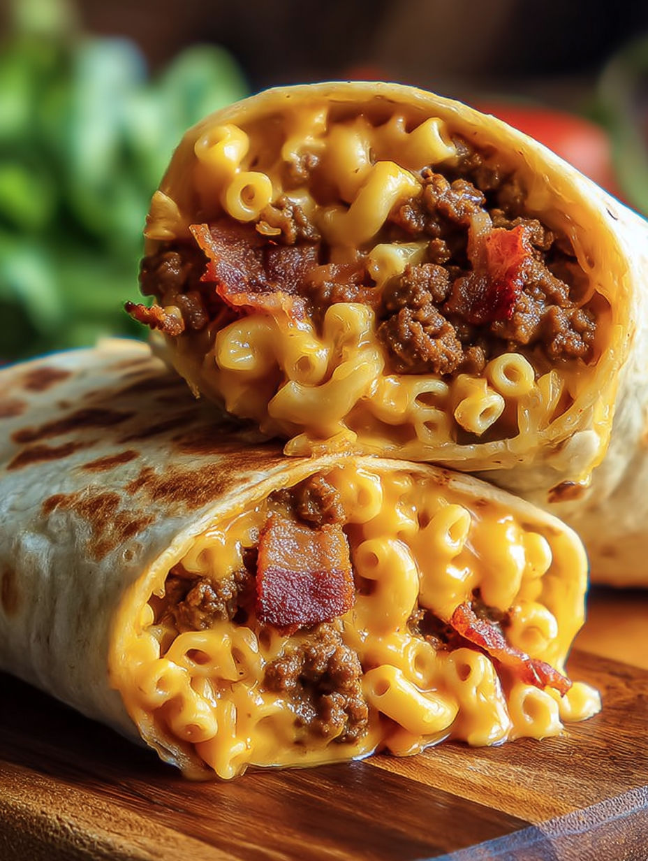 A burger wrap with mac and cheese and bacon.