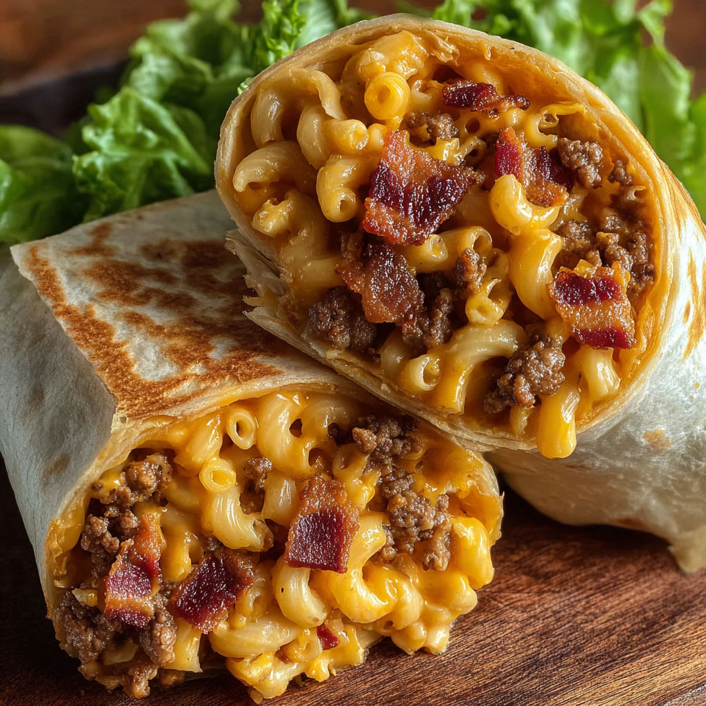 A burger wrap with bacon and macaroni.