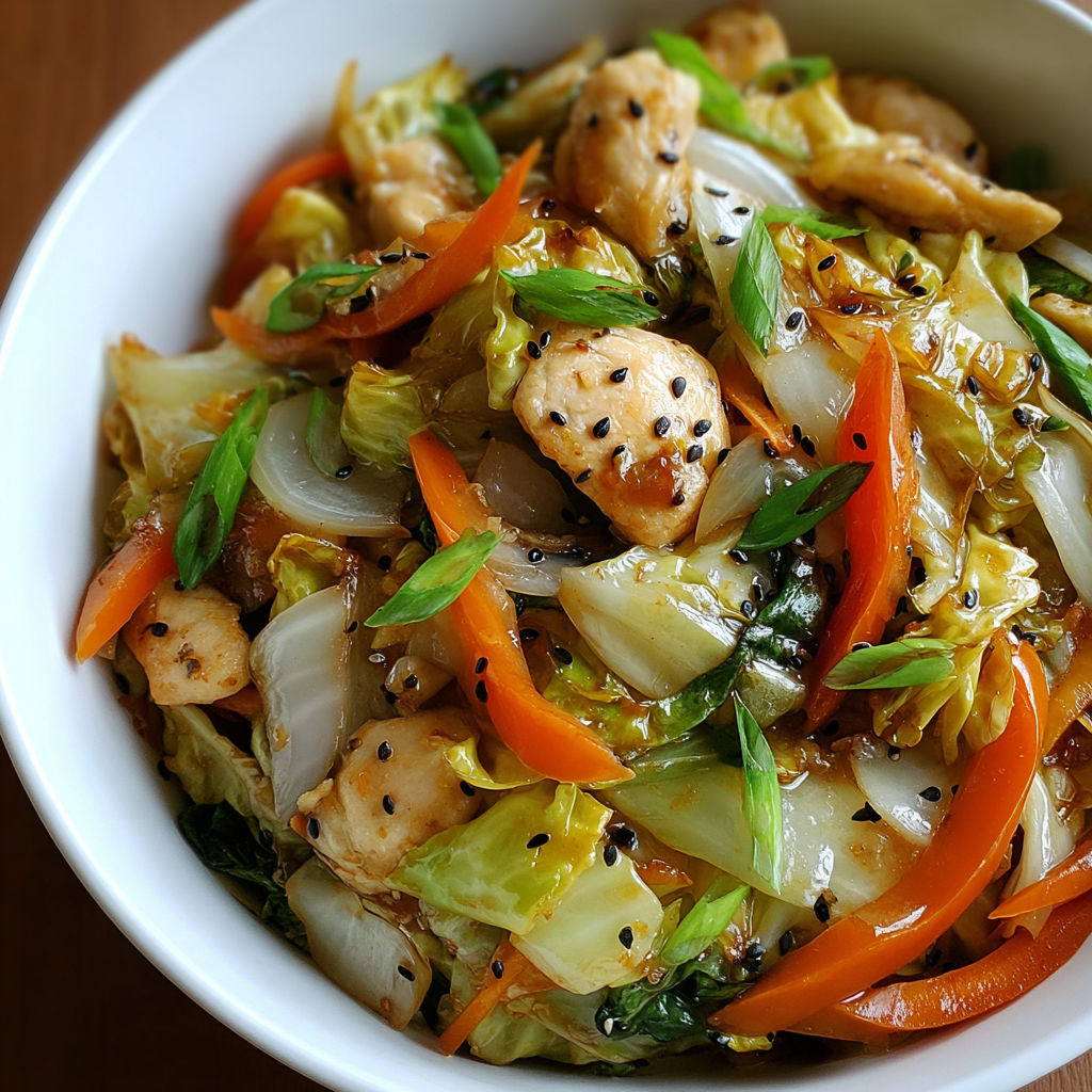 A bowl of Chinese chicken and cabbage stir fry.