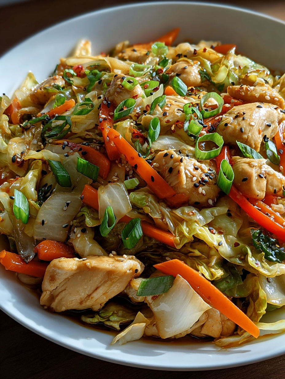 A plate of Chinese chicken and cabbage stir fry.