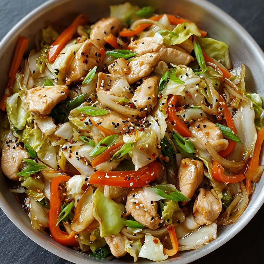 A bowl of Chinese chicken and cabbage stir fry.