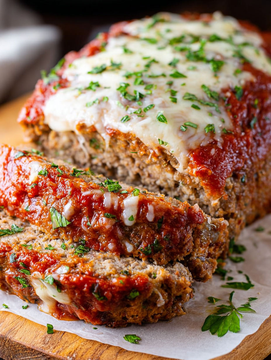 A slice of Italian meatloaf marinara cheese.