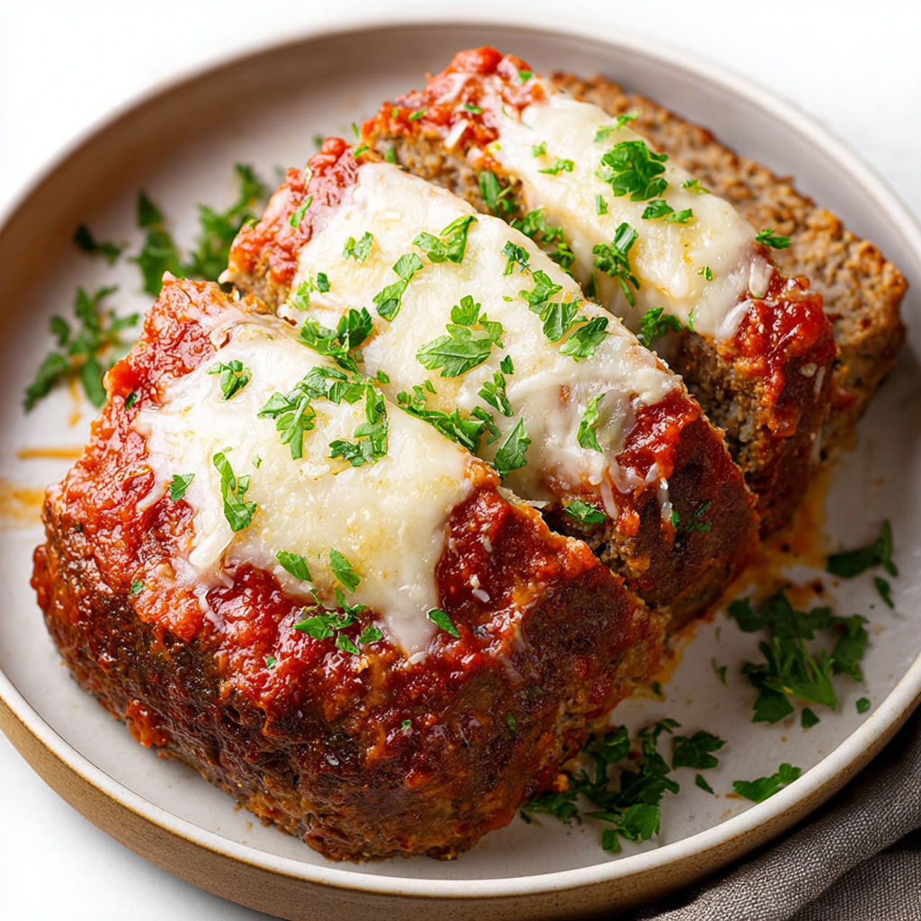 A slice of Italian meatloaf marinara cheese.