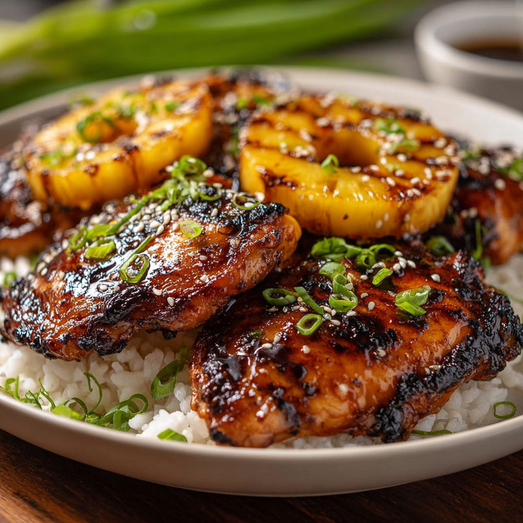 A plate of grilled chicken with pineapple and onions.