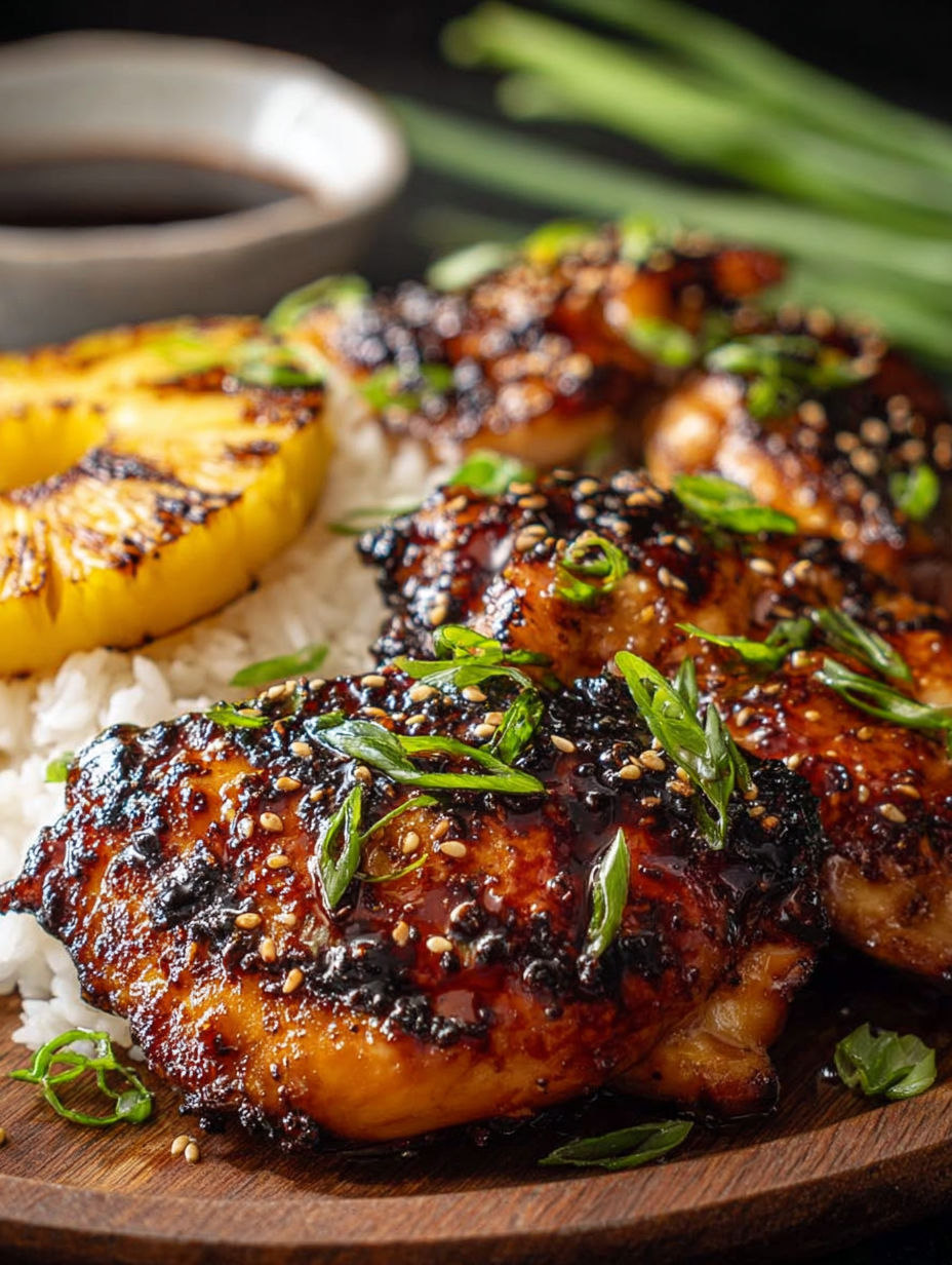 A plate of Hawaiian Huli Huli Chicken with rice and sauce.