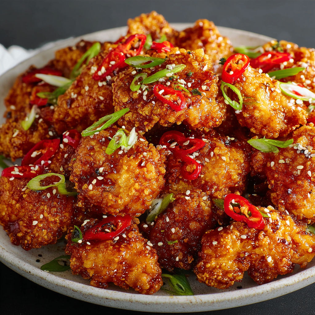 A plate of crispy Korean fried chicken with a sweet and spicy sauce.