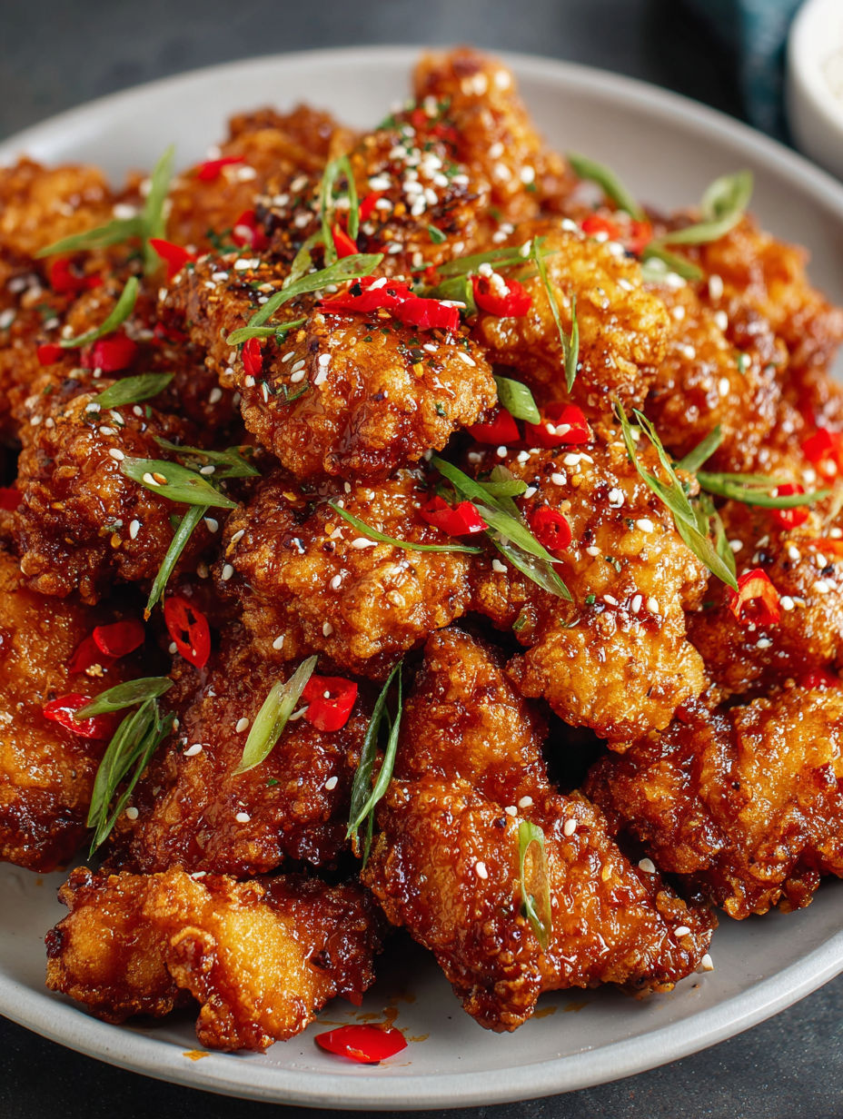 A plate of crispy Korean fried chicken with a sweet sauce.