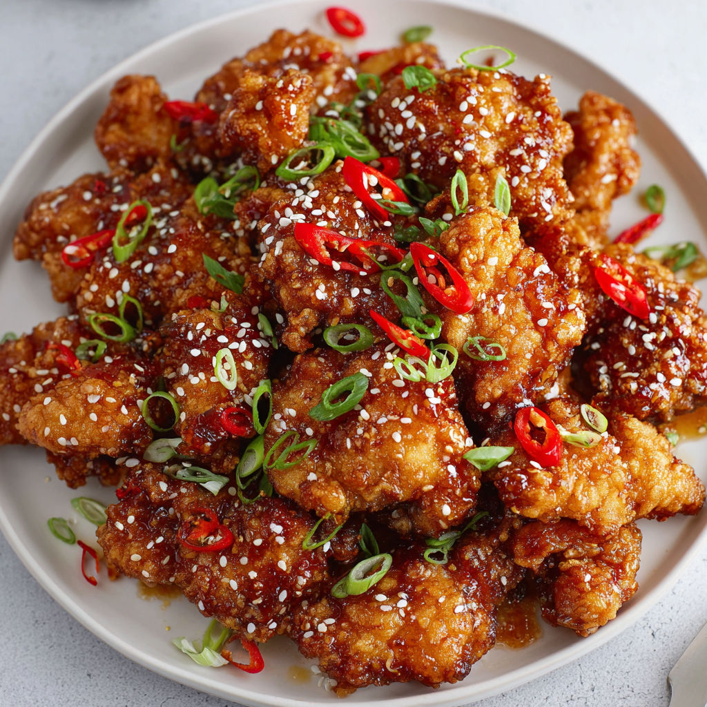 A plate of crispy Korean fried chicken with a sweet sauce.