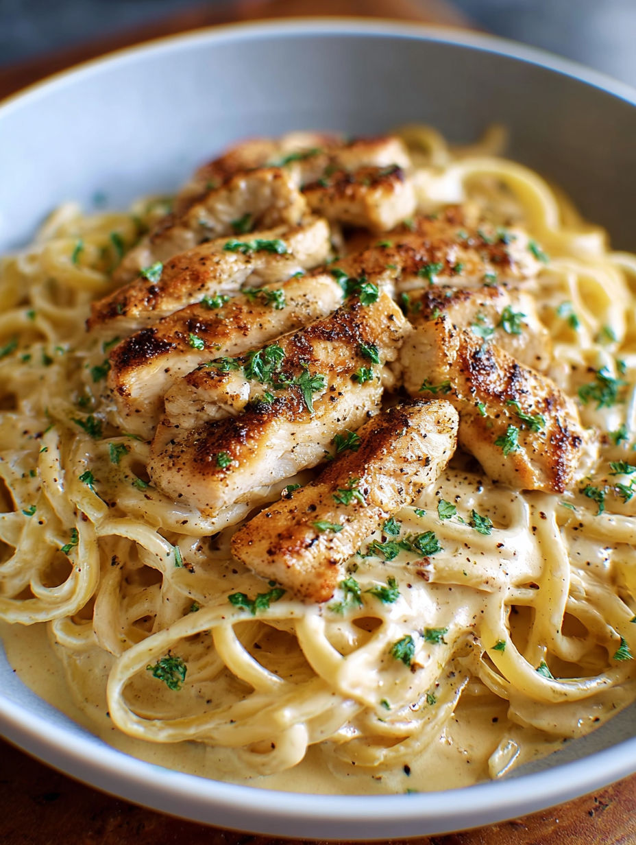 A bowl of chicken and pasta.