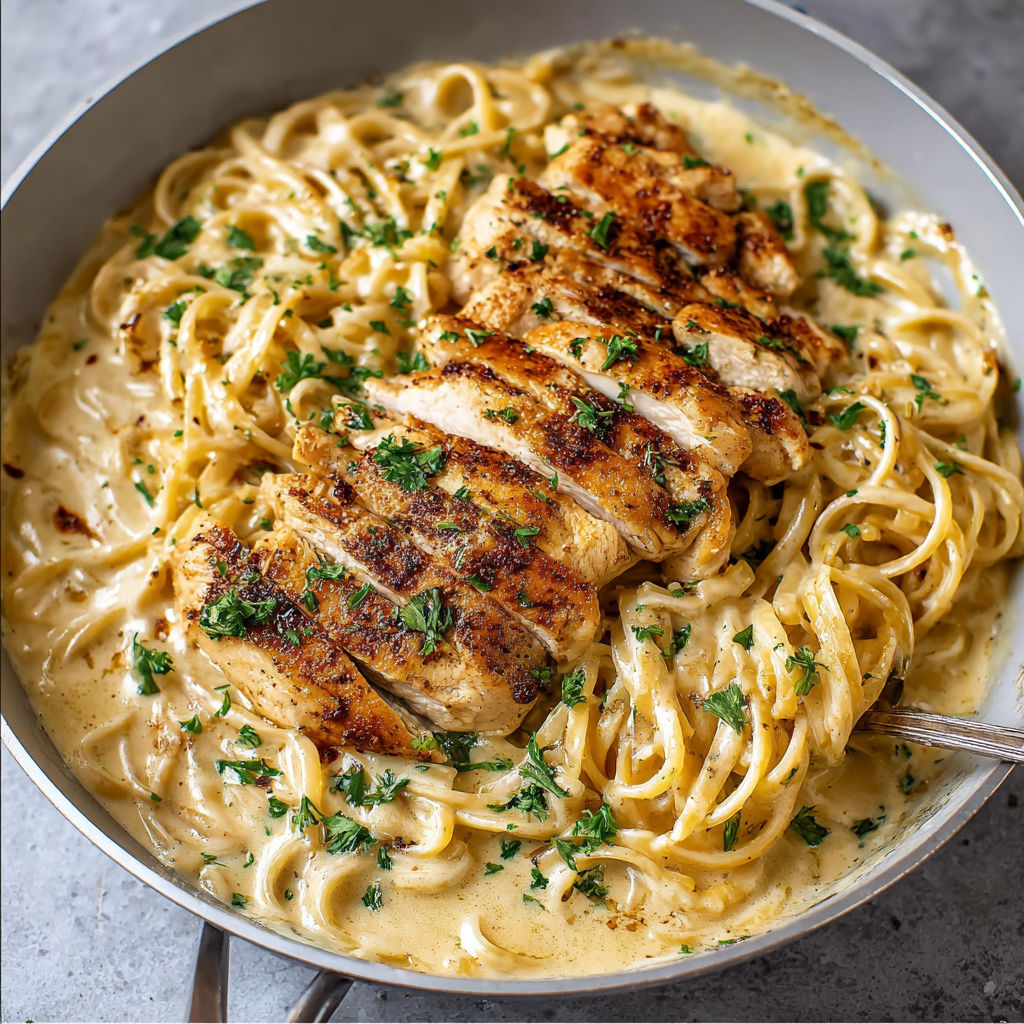 A bowl of chicken and pasta.