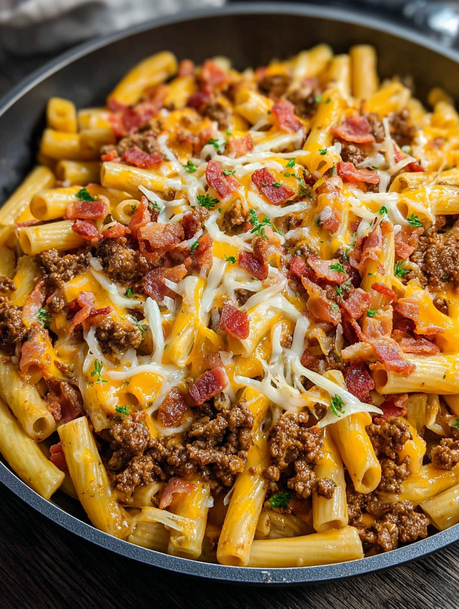 A delicious bacon cheeseburger pasta bake.