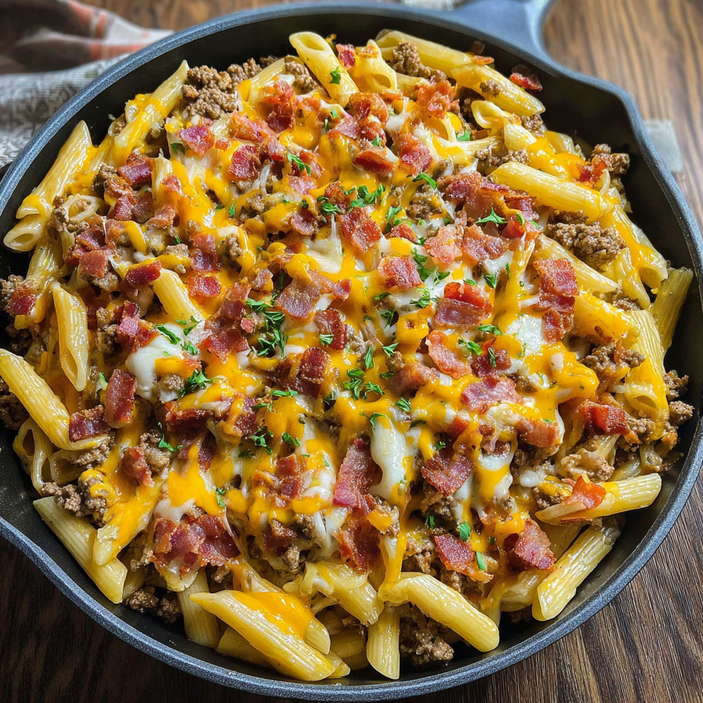 A delicious bacon cheeseburger pasta bake.