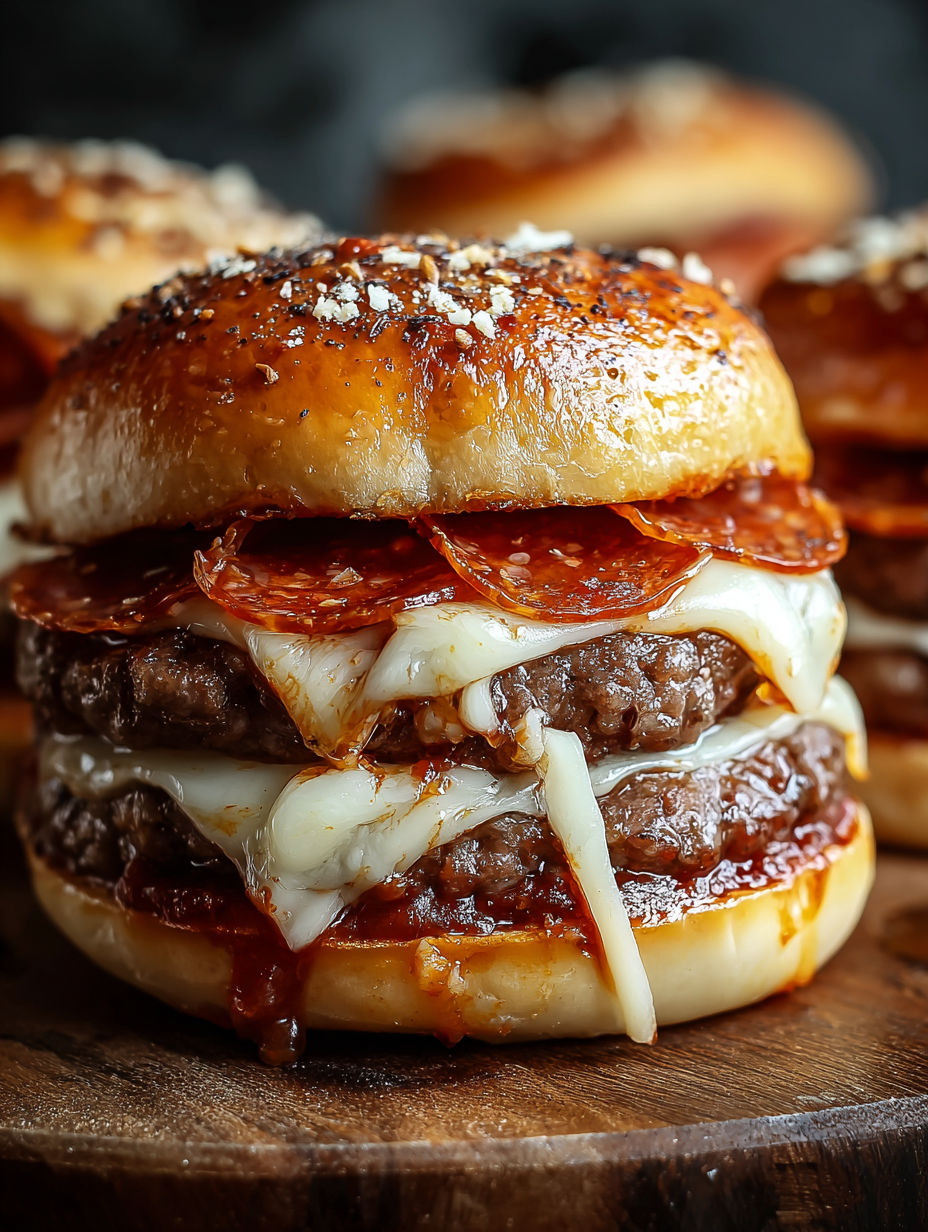 A close up of a pepperoni and mozzarella burger.