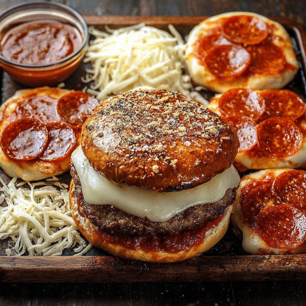 A pizza burger with pepperoni and mozzarella cheese.