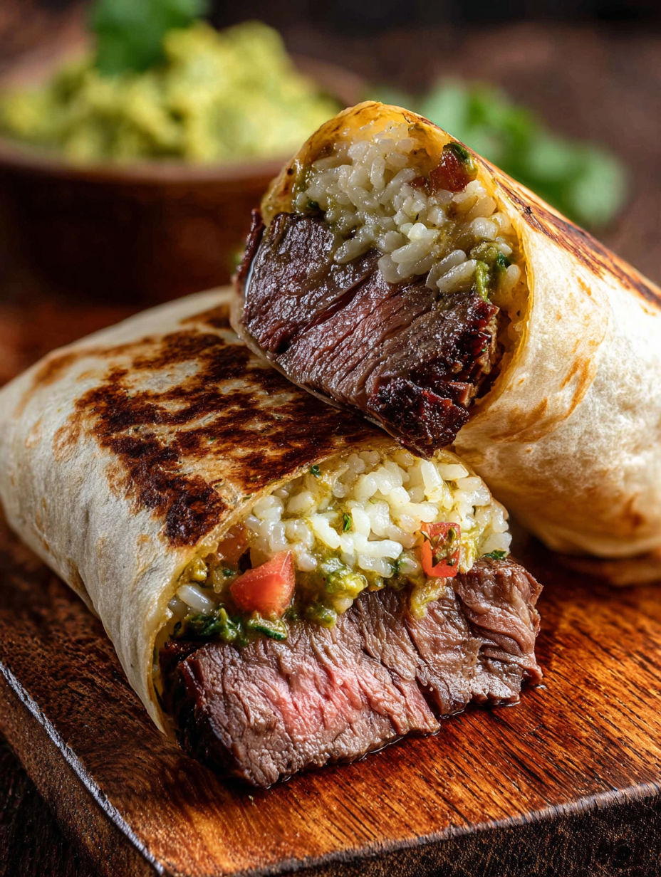 A smoked beef rib burrito with rice and tomatoes.
