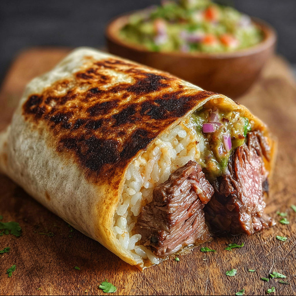 A smoked beef rib burrito on a wooden table.