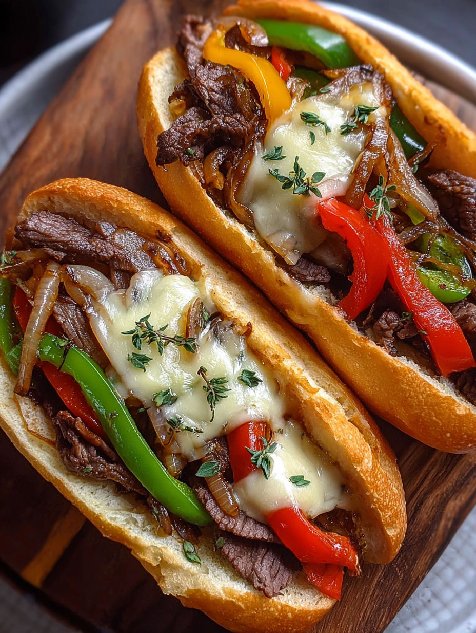 Two Philly Cheesesteak Hoagie Rolls with onions and peppers.