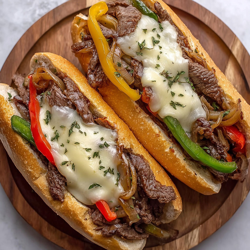 Two Philly Cheesesteak Hoagie Rolls with peppers and onions.