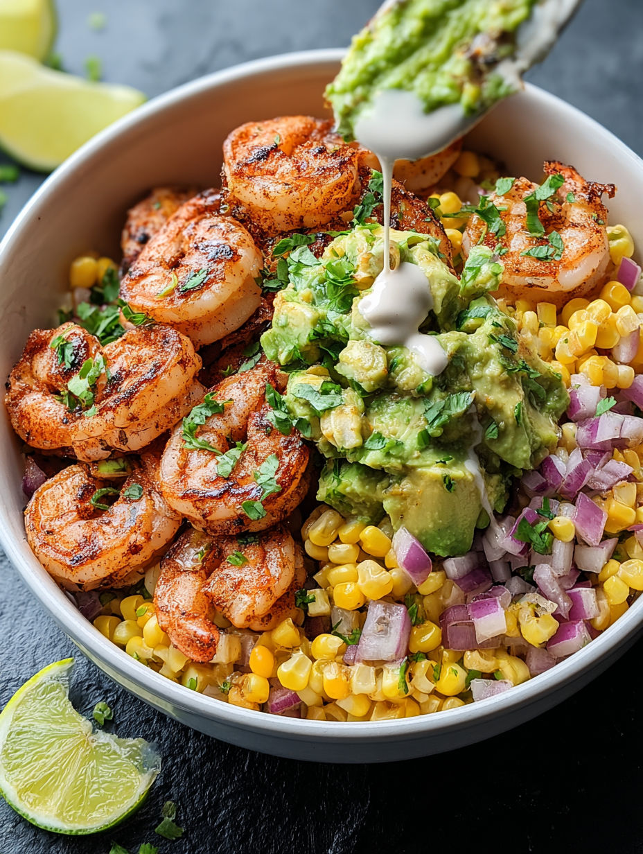 A bowl of grilled shrimp, avocado, corn salsa, and onions.
