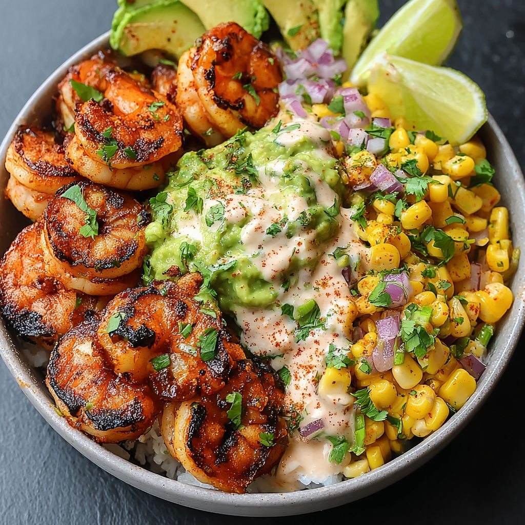 A bowl of grilled shrimp, avocado, corn salsa, and lime.