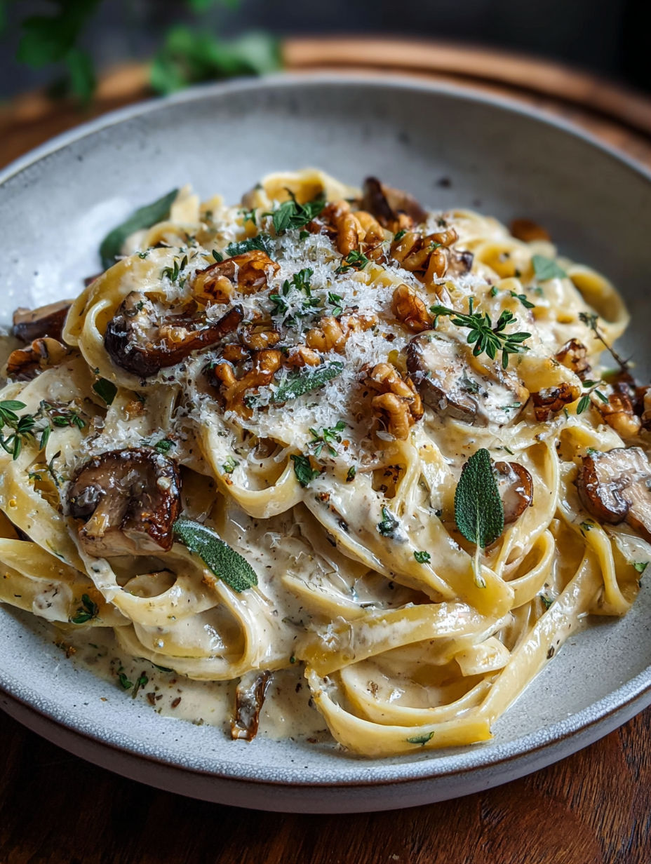 A bowl of creamy chestnut pasta with garlic.