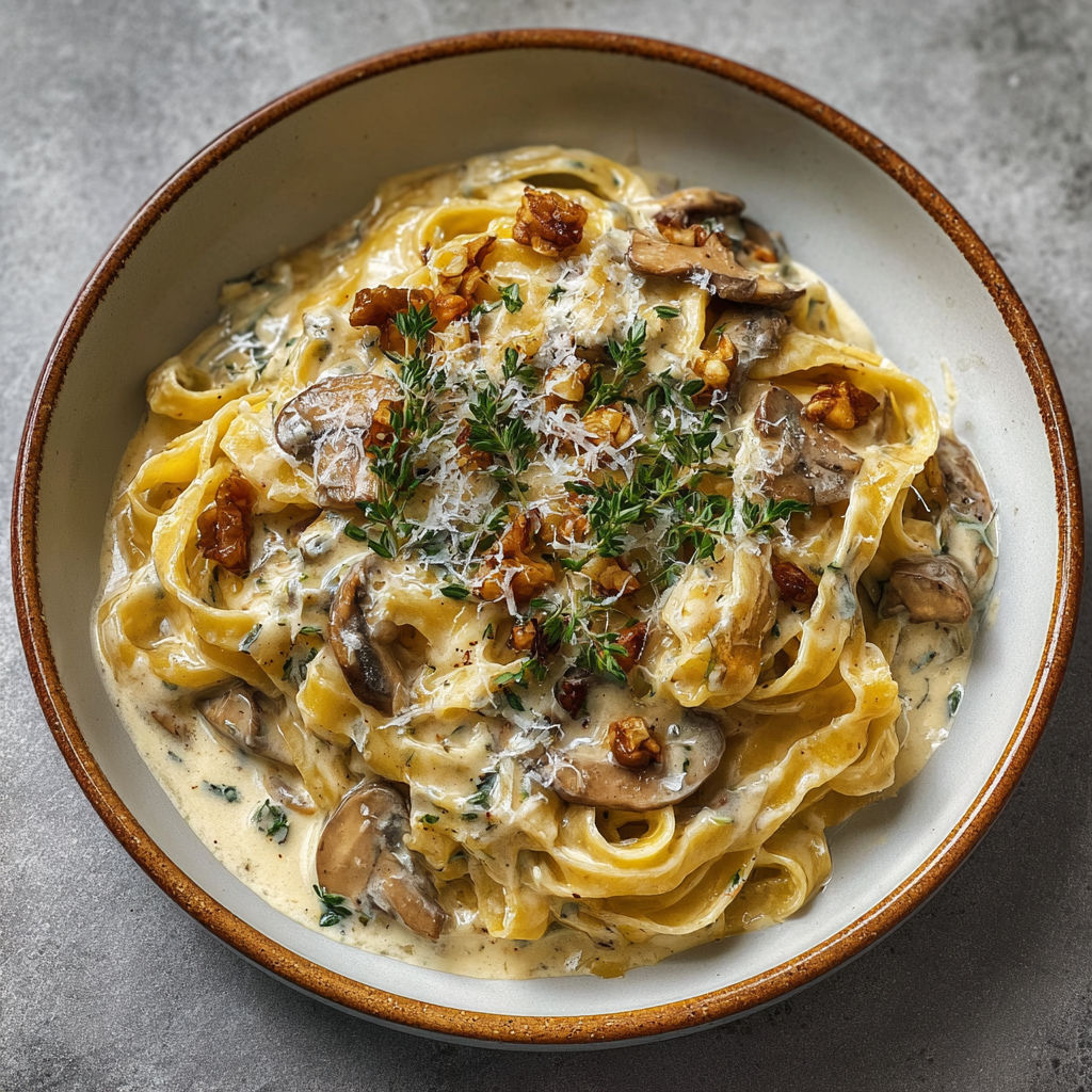A bowl of creamy chestnut pasta with garlic.