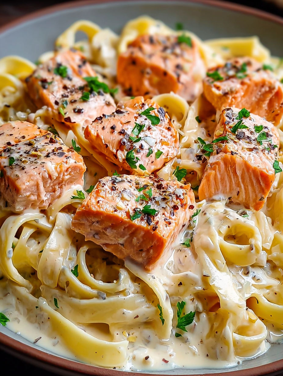 A dish of creamy garlic salmon pasta.
