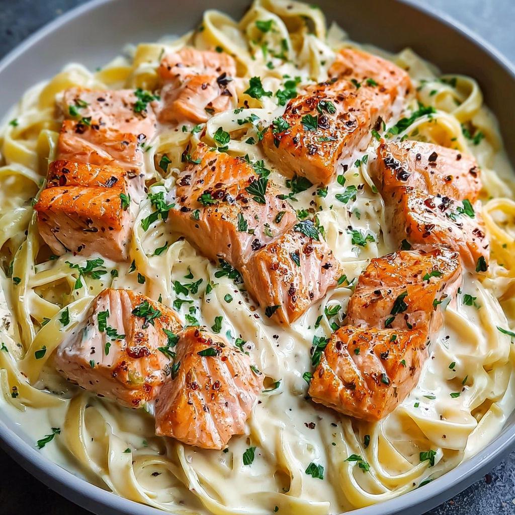 A bowl of creamy garlic salmon pasta.