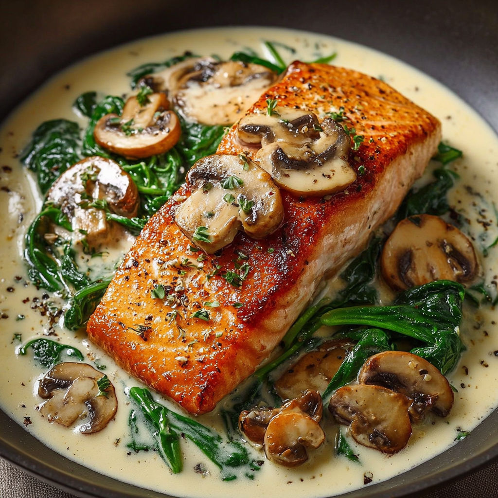 A dish of salmon with mushrooms and spinach.