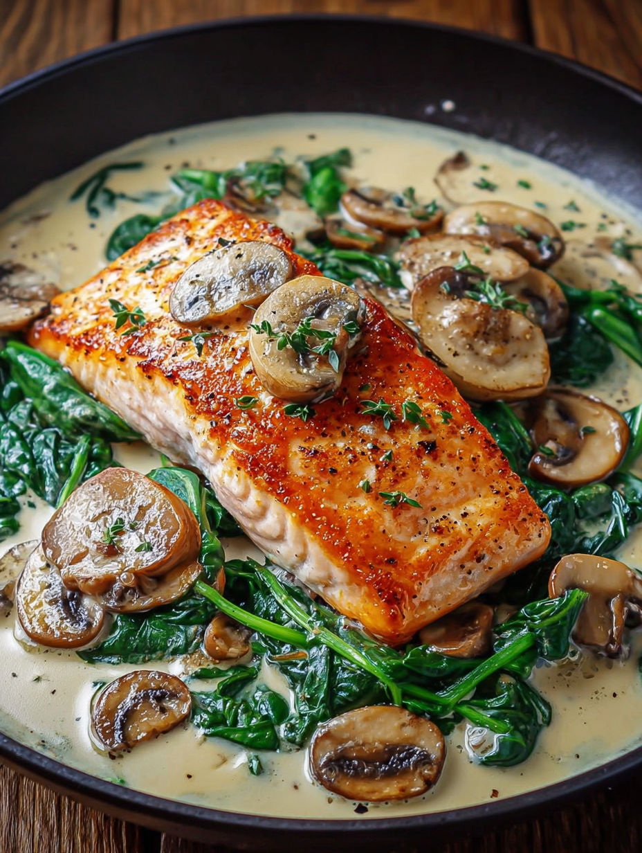 A dish of salmon with mushrooms and spinach.