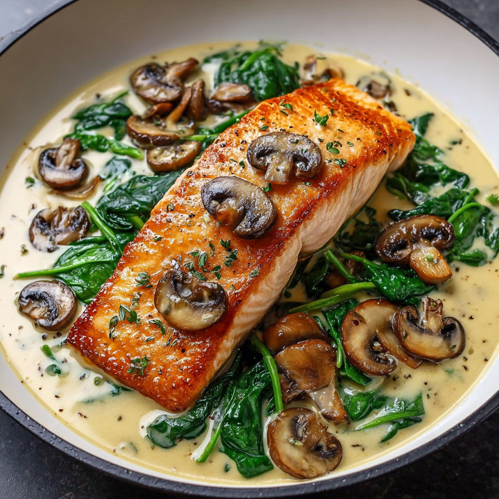 A dish of salmon with mushrooms and spinach.