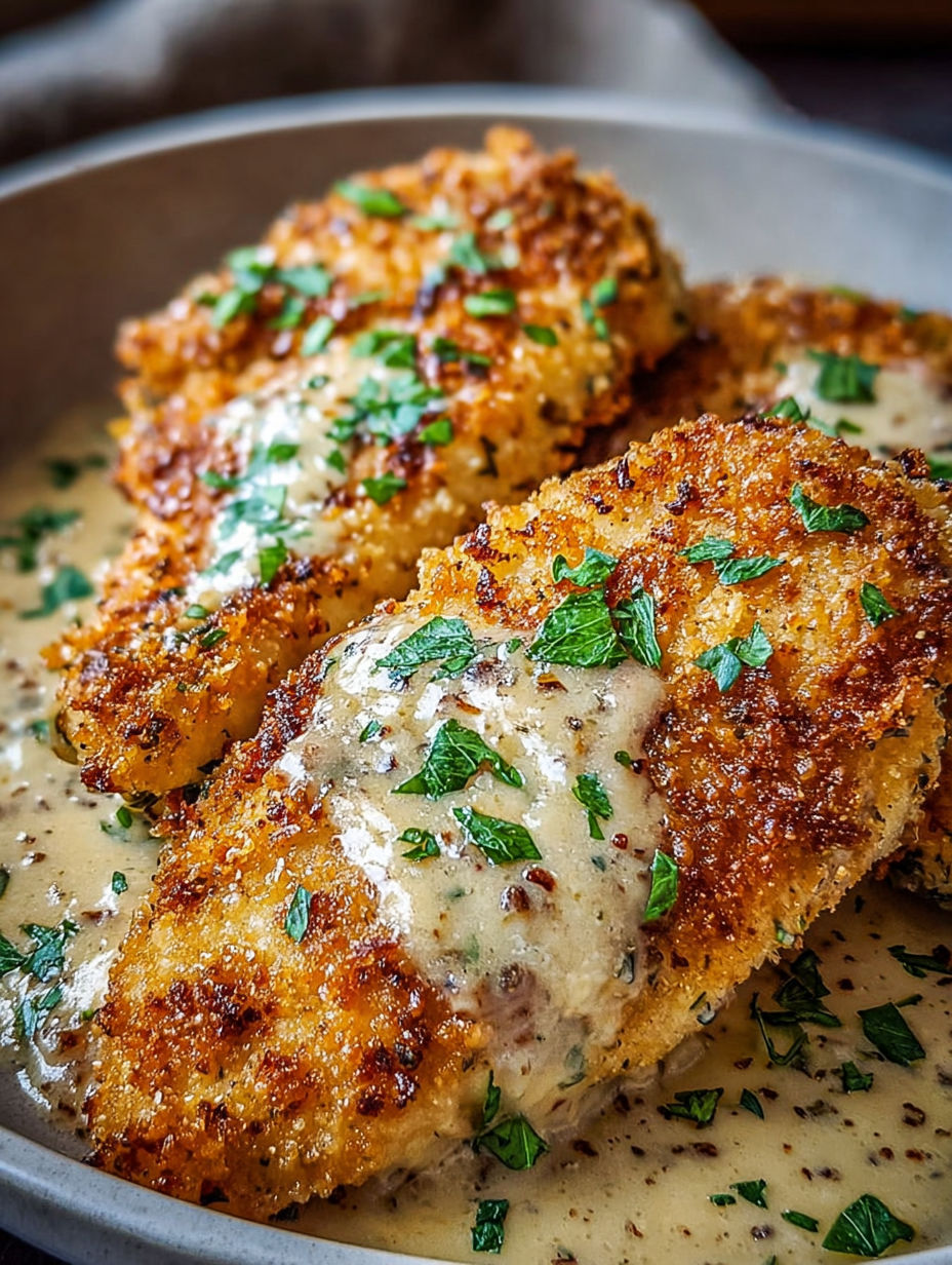 A plate of chicken with garlic and Parmesan cheese.