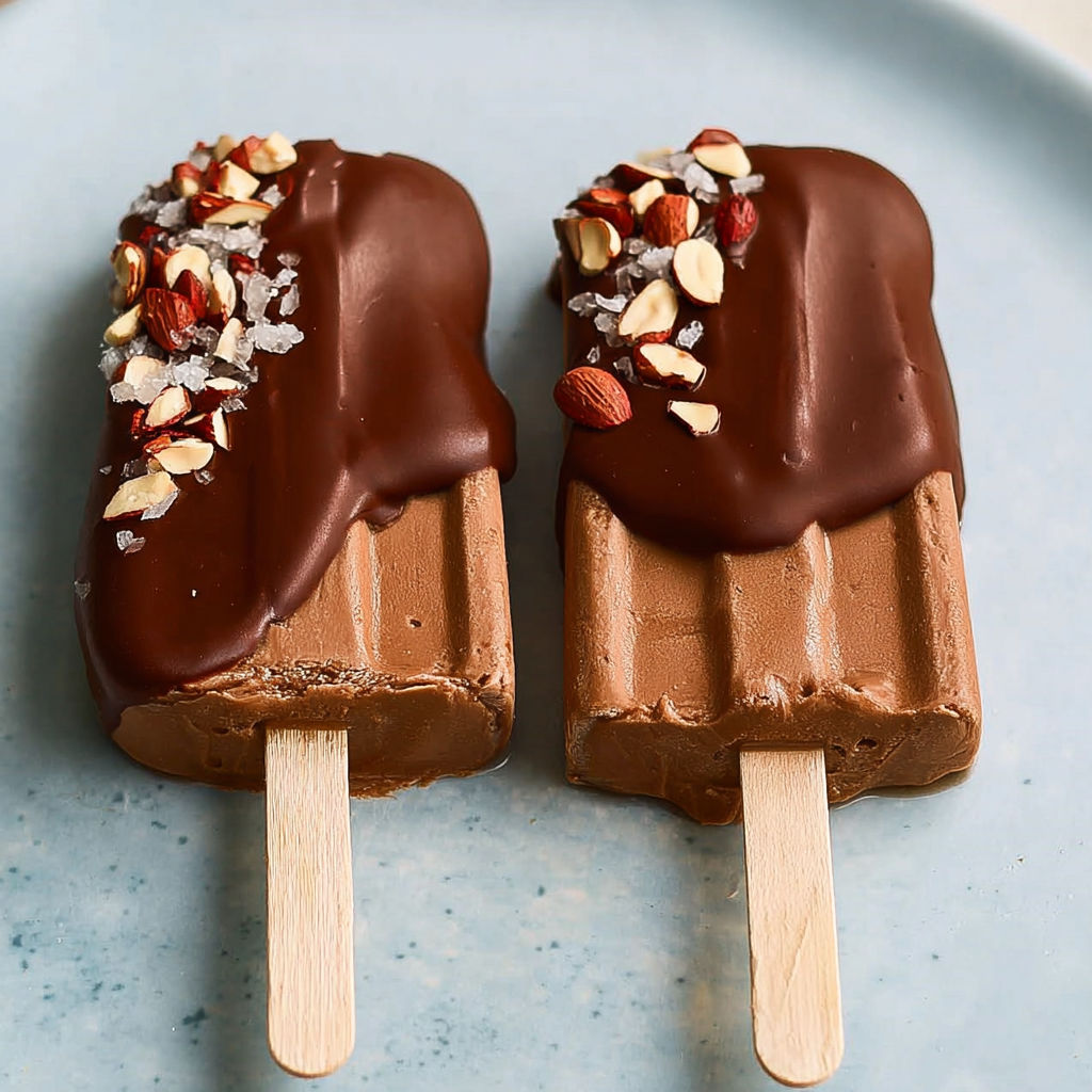 Two chocolate popsicles with nuts on top.