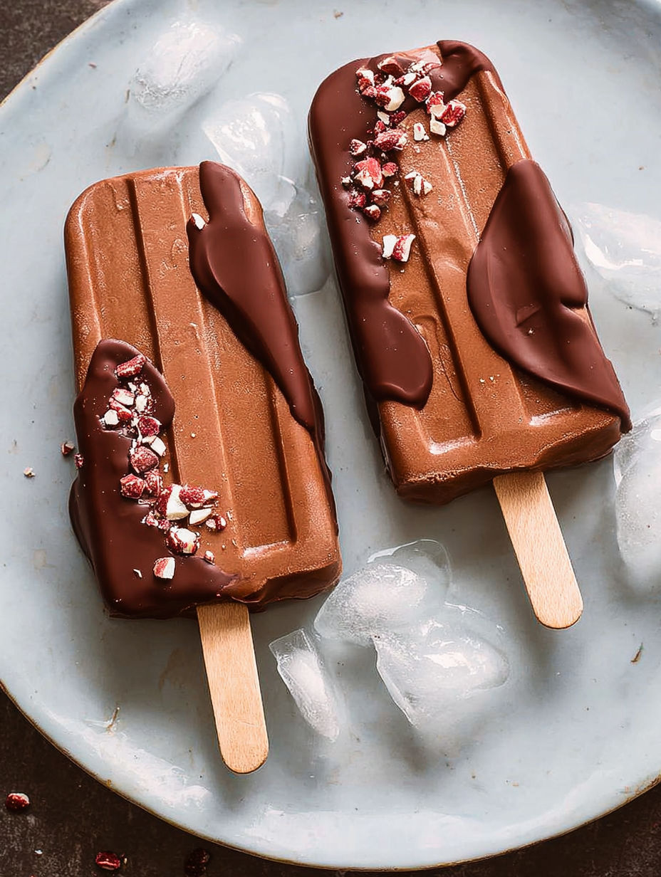 Two chocolate popsicles with red sprinkles.