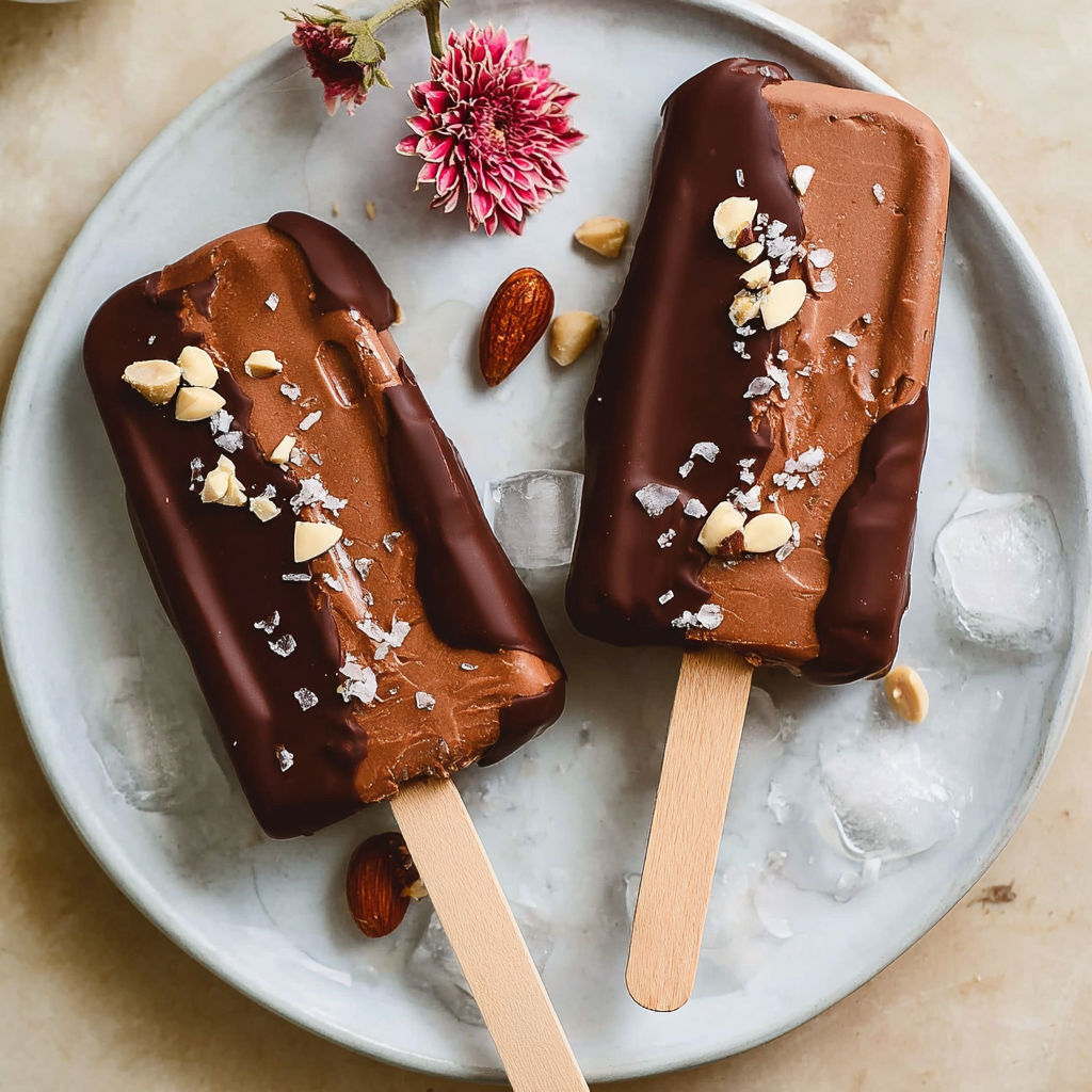 Two chocolate popsicles with nuts on a plate.