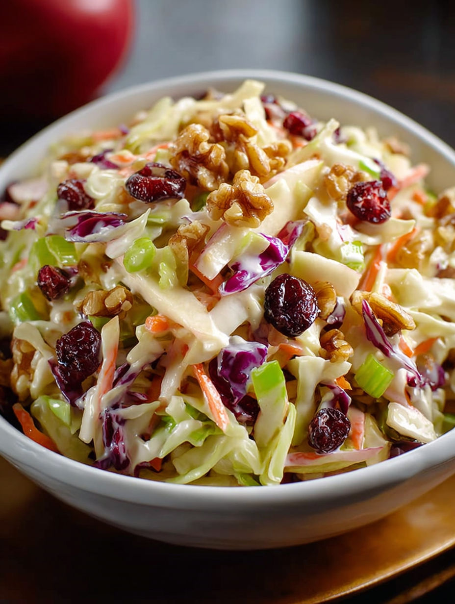 A bowl of coleslaw with apples and cranberries.