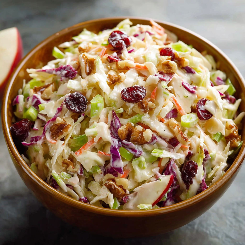 A bowl of coleslaw with apples and cranberries.