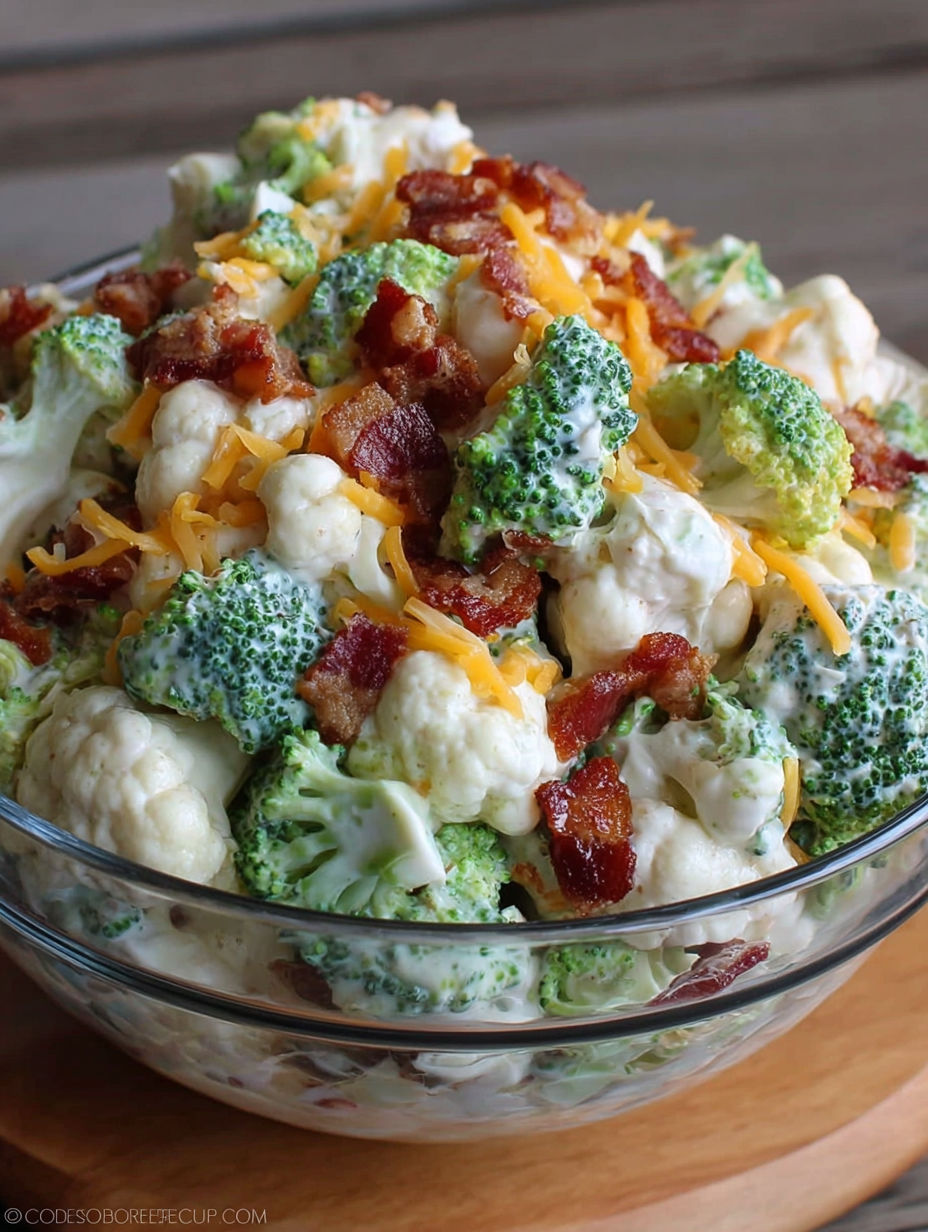 A bowl of broccoli salad with cheese and bacon.