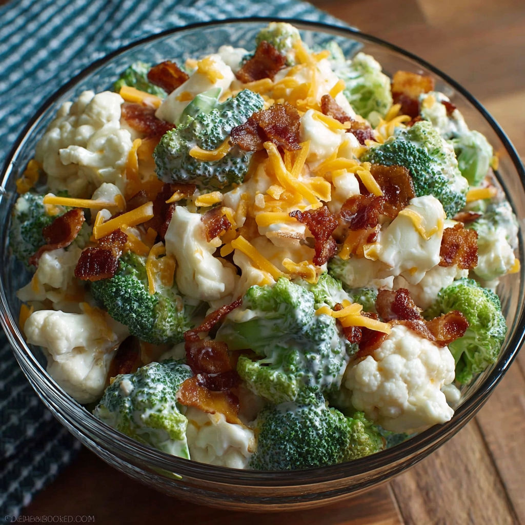 A bowl of broccoli salad with cheese and bacon.