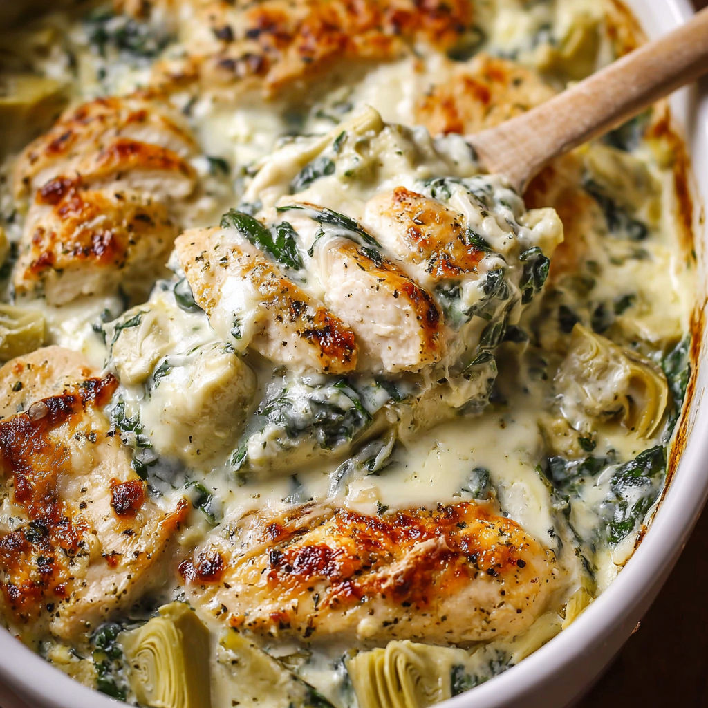 A close up of a delicious cheesy spinach artichoke chicken bake.