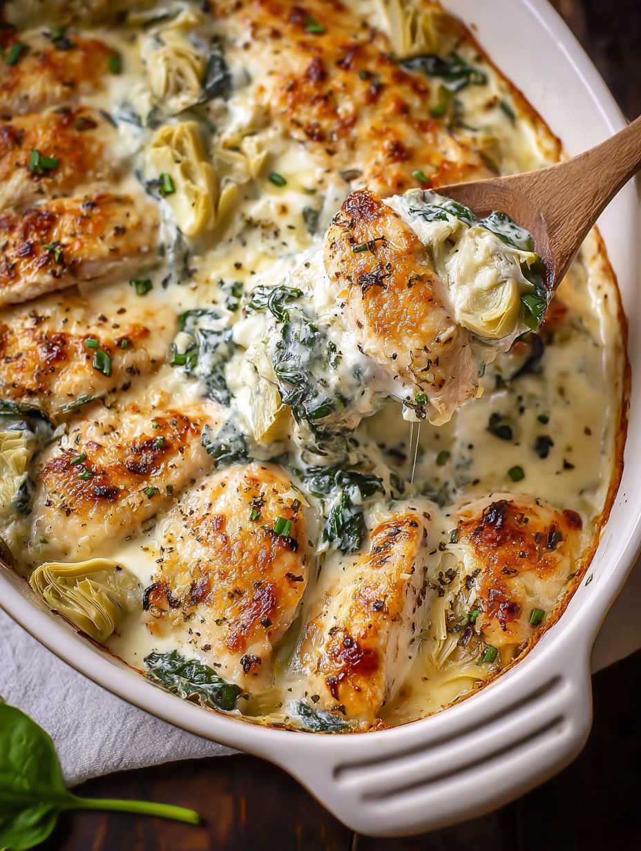 A close up of a delicious spinach artichoke chicken bake.