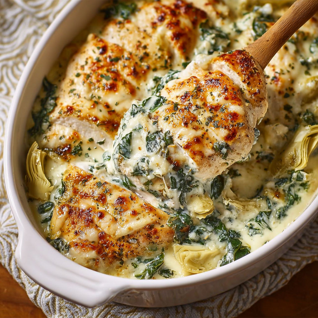 A close up of a delicious spinach artichoke chicken bake.