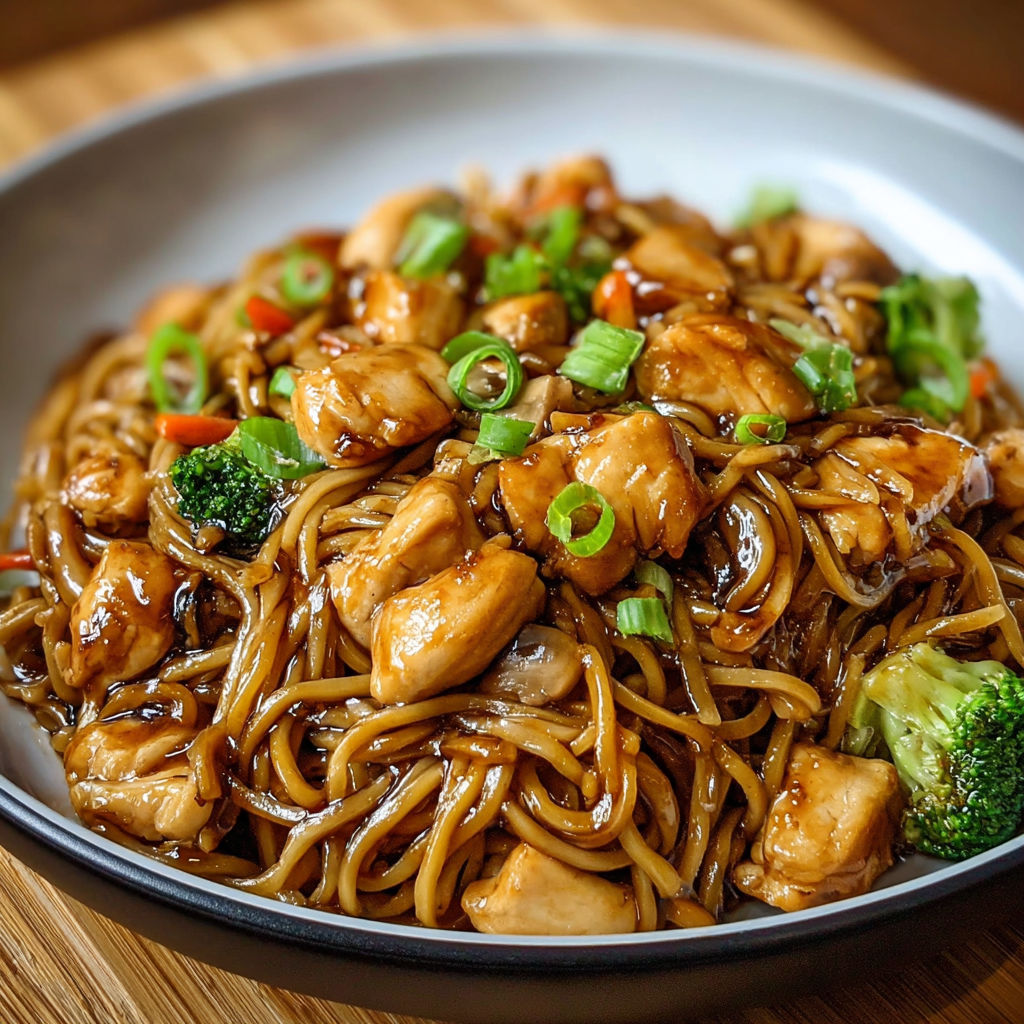 A plate of garlic chicken lo mein.